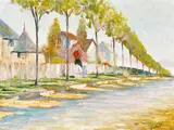 Jacques Calvet, A tree lined waterfront, oil on canvas