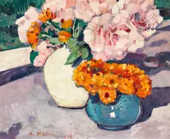Adolphe Keller, Still Life with Peonies and Zinnias, 1925, oil on board