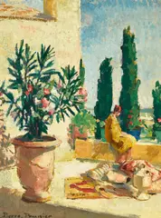 Pierre Prunier, Figure on a Portico, oil on board
