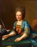 French School, late 19th Century, A portrait of lady seated at a desk, oil on canvas