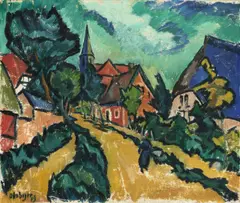 Otto Beyer, Dorfstraße mit Kirche, 1919, Öl auf Leinwand