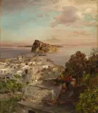 Oswald Achenbach, Blick von Ischia Ponte auf das Castello Aragonese, im Hintergrund der Vesuv