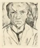 Max Beckmann, Selbstbildnis von vorn, im Hintergrund Hausgiebel, 1918, Kaltnadel auf Velin
