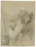 Giovanni Battista Piazzetta, Kopfstudie eines Geistlichen im Profil nach links. Mitte 18. Jahrhundert, Kreide, weiß gehöht, auf graugrünem Bütten