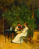 The suitor by Continental School, oil on panel, sold Jul 2022
