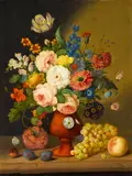 Georg Seitz, Still life of flowers and fruit, oil on canvas