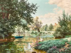 A tranquil summerscape by René Charles Edmond His, oil on canvas, sold Jul 2022