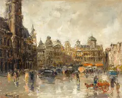 Marcel Pire, An active cityscape in the rain, oil on canvas