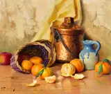 Robert Chailloux, Still life with a copper kettle, ceramic jug, a basket of oranges, and an apple on a table, oil on canvas