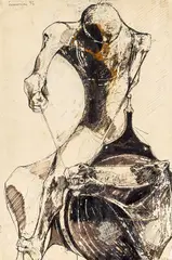 Uomo e cavallo by Leonardo Cremonini, black and brown ink on paper, offered Jul 2022