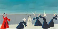 Carlo Canevari, Cardinals and nuns playing in the snow, oil on panel