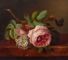Mme Amélie D'Aubigny, Roses, primroses, and a butterfly on a stone ledge, oil on panel