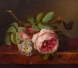 Mme Amélie D'Aubigny, Roses, primroses, and a butterfly on a stone ledge, oil on panel