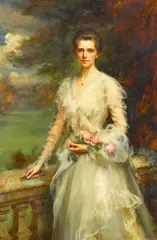 Mary Lemon Waller, A portrait of a lady in a white dress with fresh cut roses, oil on canvas
