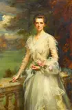 Mary Lemon Waller, A portrait of a lady in a white dress with fresh cut roses, oil on canvas