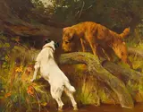 Ri Arthur Wardle, Irish and wire fox terriers inspecting a burrow, oil on canvas
