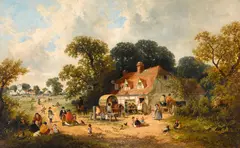 James Edwin Meadows, Figures outside an Inn with a fair beyond, oil on canvas