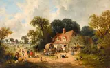 James Edwin Meadows, Figures outside an Inn with a fair beyond, oil on canvas