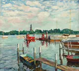 Philipp Franck, Bootsstege an der Havel, 1937, Öl auf Leinwand