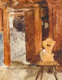 Albert Anker, Interieur mit Stabelle / Studie zu Gartensitzplatz (verso), watercolor over traces of pencil on paper
