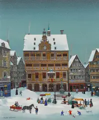 Michel Delacroix, La place du marché à Tübingen, oil on canvas