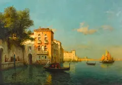Gondoliers on a Venetian canal by Marc Aldine, oil on canvas, sold May 2022