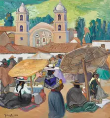 Jose Sabogal Dieguez, A street market with Quechua people, oil on canvas