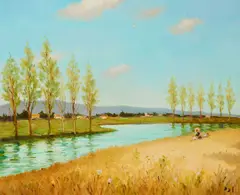 Marcel Dyf, Femme et enfants au bord de la rivière de Beynes (Ile de France), 1975, oil on canvas