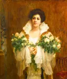 Frederick Arthur Bridgman, A lady holding bouquets of yellow roses, oil on canvas