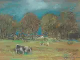 James Kay Rsa Rsw, Clearing with goats grazing, pastel