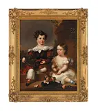 Portrait of two children said to be John and Christina Ramsay with their dog by English School, oil on canvas, sold Oct 2022