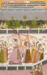 Indisch, Serie mit Darstellung der zwölf Monate aus Bikaner, Rajasthan.. 18. Jahrhundert, Polychrome Malerei in Tusche und Gouache auf Papier