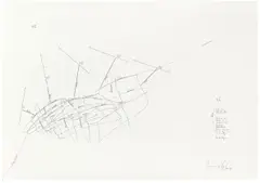 Jorinde Voigt, Territorium (3) V/aus: Position 1-x; Nord-Süd-Achse; Zentren A–Z; Position-Zentrum/Identisch; Territorium 1-x; Zentrum 1-x; N, S, W, O; Drehrichtung der Himmelsrichtung im Verlauf; Konstruktion; Dekon, 2010, Bleistift und Tuschfeder auf Papier
