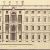 Deutscher Zeichner, Fassadenriß Lustgartenfassade des Berliner Schlosses. 2. Hälfte 18. Jahrhundert, Graphit, Feder, Tusche, in verschiedenen Grautönen laviert, Beschriftung teilweise in Eisengallustinte
