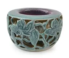 Small Klytie Pate, RETICULATED GREEN GLAZED EARTHENWARE POT WITH REPEATING FLORAL MOTIF