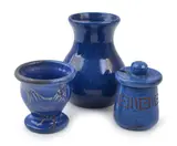 Gladys Reynell, ROOSTER DECORATED EGG CUP, VASE & MUSTARD POT, SIGNED OSREY BALLARAT