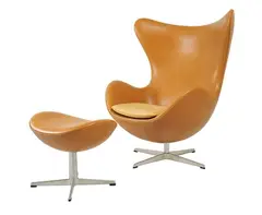 Arne Jacobsen, AN EGG CHAIR AND OTTOMAN, DESIGNED 1958, 1958, leather, cast aluminium