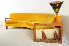 Sol Shapiro, A CURVED SOFA WITH INCORPORATED SIDE TABLE AND LAMP, c.1960, 1960, teak, fabric, glass, perspex