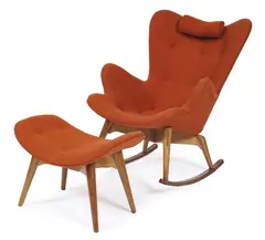 AN R160 ROCKING CHAIR AND OTTOMAN by Grant Featherston, The body of moulded ply with orange wool upholstery, together with a matching ottoman, sold Jun 2012