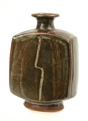 Rectangular stoneware bottle vase, mottled grey and brown glaze, impressed marks, 19.5 cm high by Bernard Leach, Rectangular stoneware bottle vase, mottled grey and brown glaze, impressed marks, 19.5 cm high, sold Dec 2010
