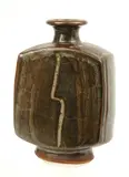 Bernard Leach, Rectangular stoneware bottle vase, mottled grey and brown glaze, impressed marks, 19.5 cm high