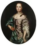 Willem Wissing, Portrait of a young woman, three-quarter length, wearing a mauve satin dress, oval, oil on canvas