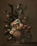 Anne Vallayer-Coster, Roses, tulips and other flowers in an urn, oil on canvas