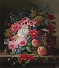 J. Panneel, Still life of flowers and fruit, oil on canvas