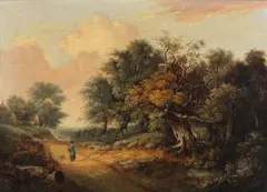 John Berney Ladbrooke, A wooded landscape with a figure on a path, oil on canvas