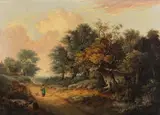 John Berney Ladbrooke, A wooded landscape with a figure on a path, oil on canvas