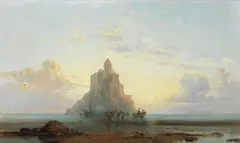 James Webb, Cavalry on causeway, possibly Mont Saint-Michel in the distance, oil on canvas