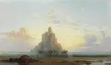 James Webb, Cavalry on causeway, possibly Mont Saint-Michel in the distance, oil on canvas