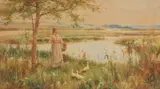 Jnr. Alfred Glendening, Near Goring on the Thames, watercolour heightened with white