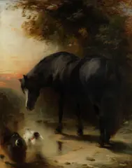 William Huggins, A horse and ducks at the waters edge at sunset, oil on canvas